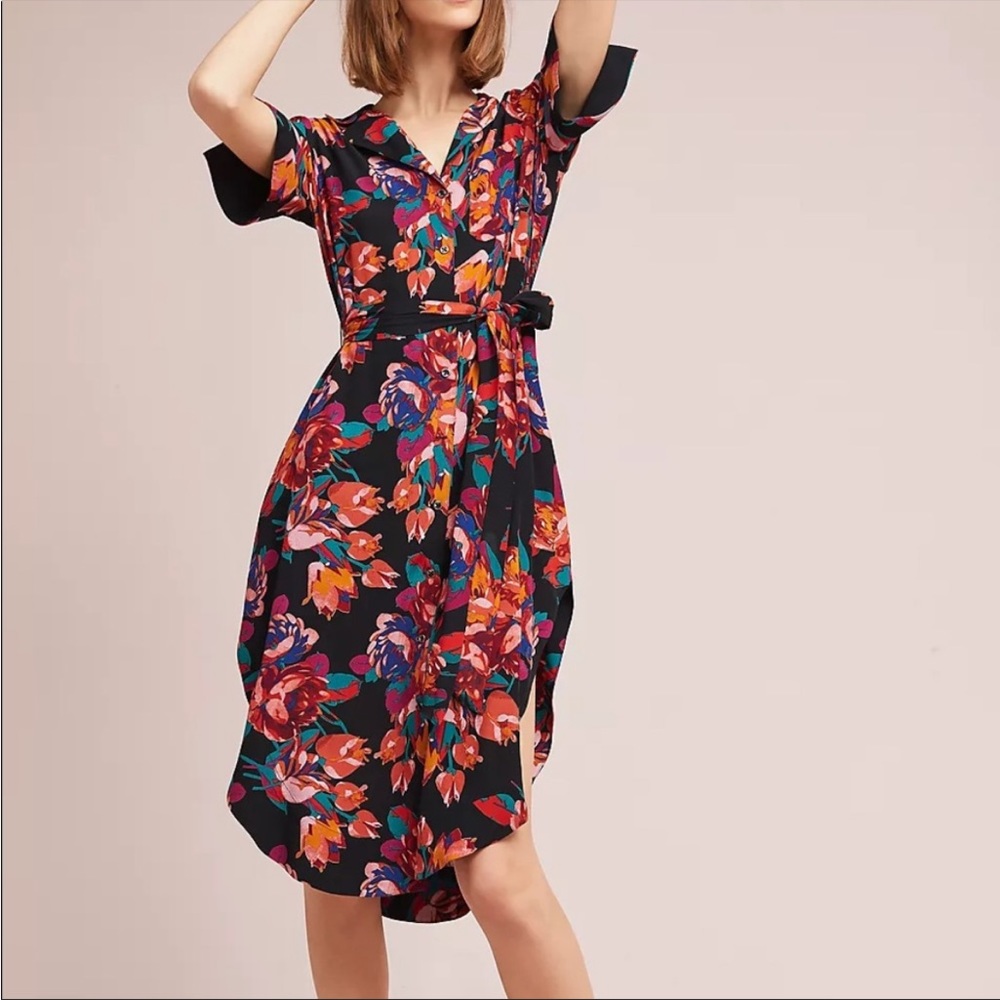 Anthropologie Maeve Button Down Floral Shirt Belted Dress XS